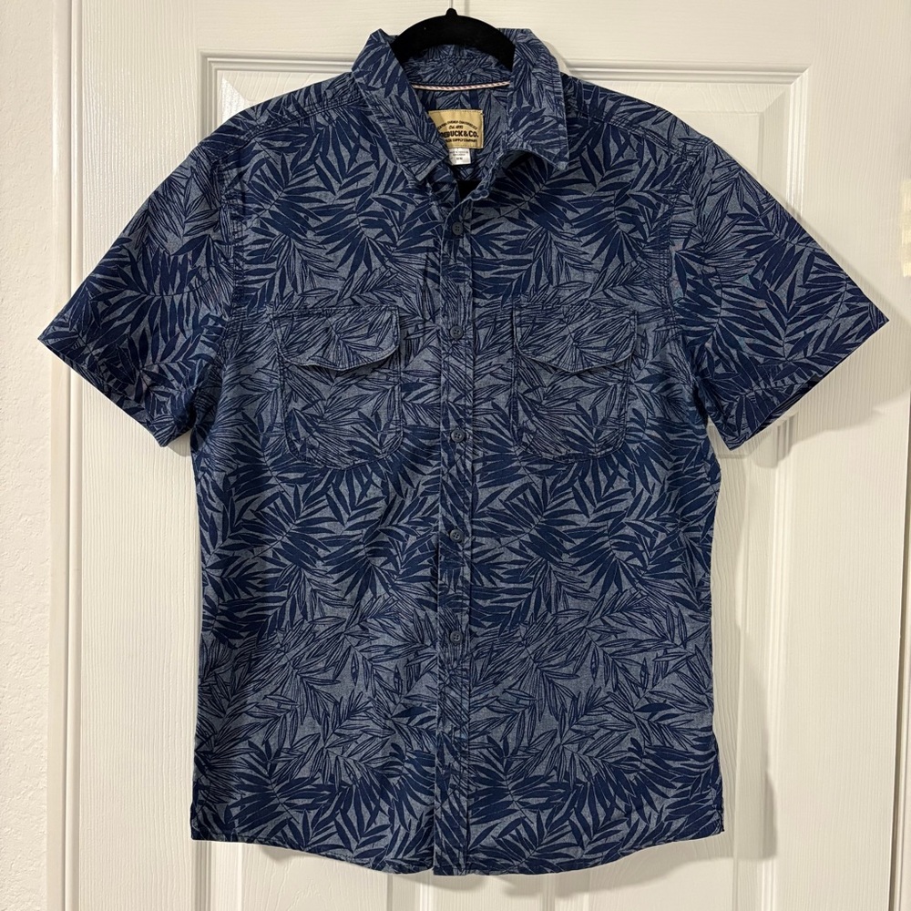 Men’s Roebuck & Co Navy Blue Button Up Short Sleeve Shirt Tropical Aloha Size M